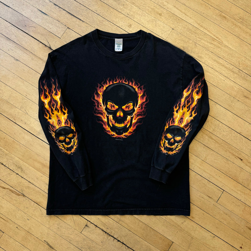 Y2K Flaming Skull T-shirt Sz XL