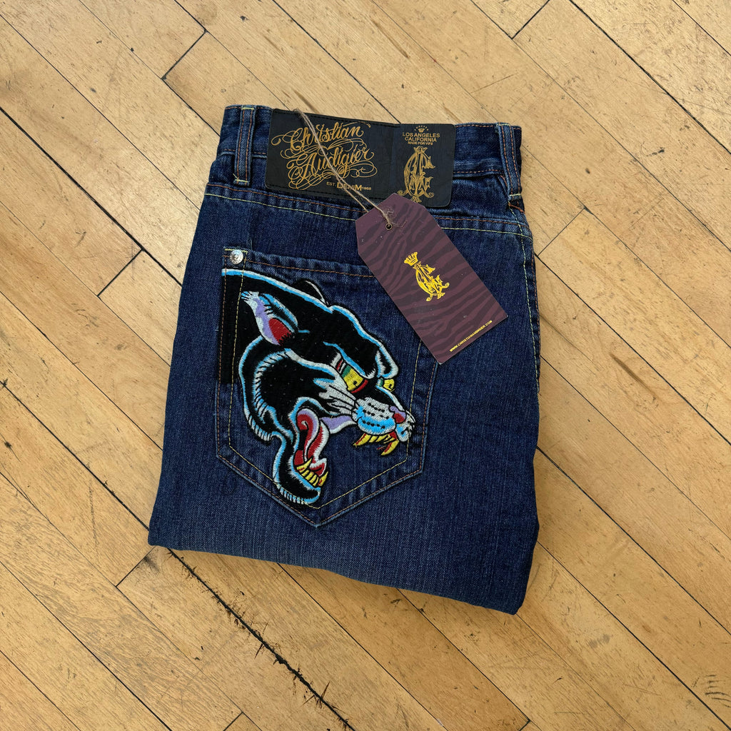 Y2K Christian Audigier Denim Jeans Embroidered panther Sz 38