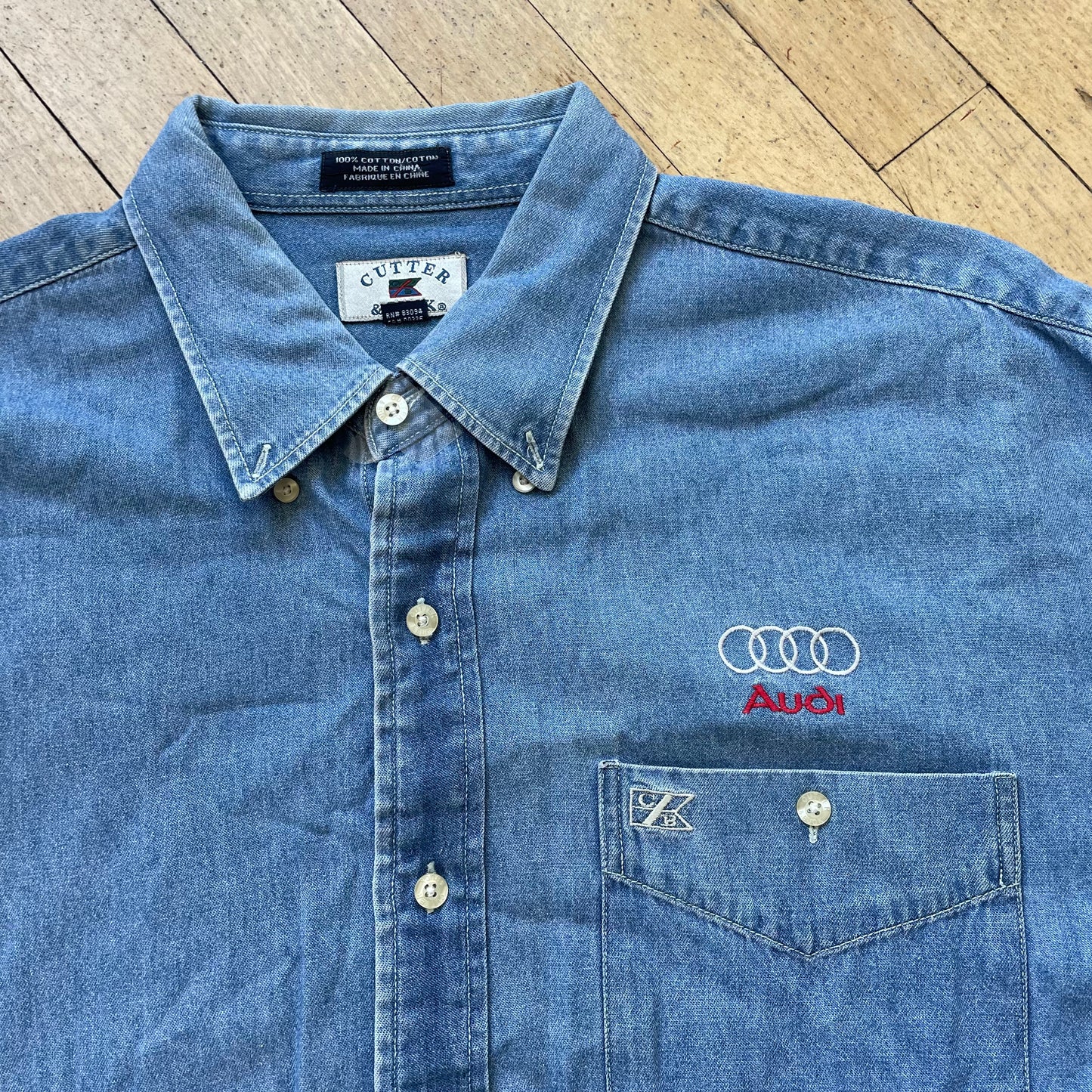 90s Audi Embroidered Logo Denim Button Up T-shirt Sz XL