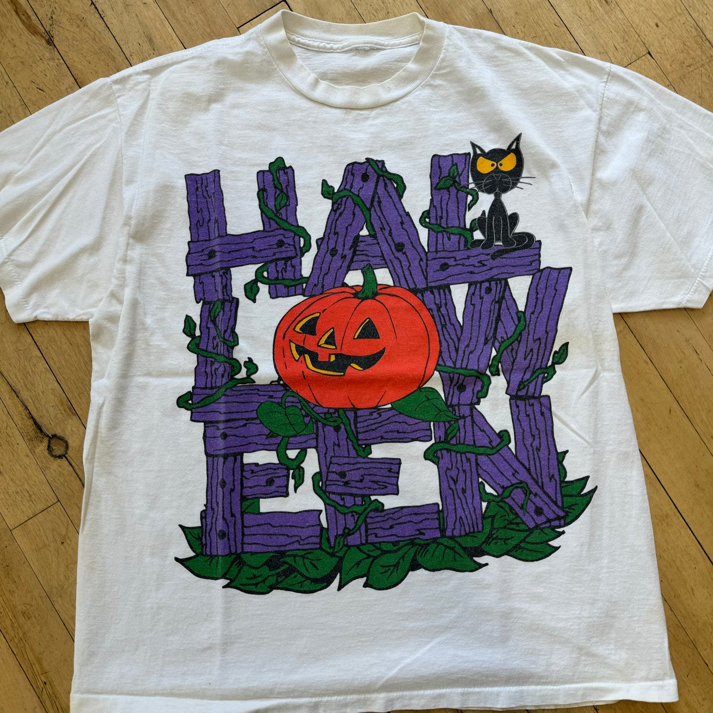 Vintage Halloween Pumpkin & Cat T-shirt Sz L