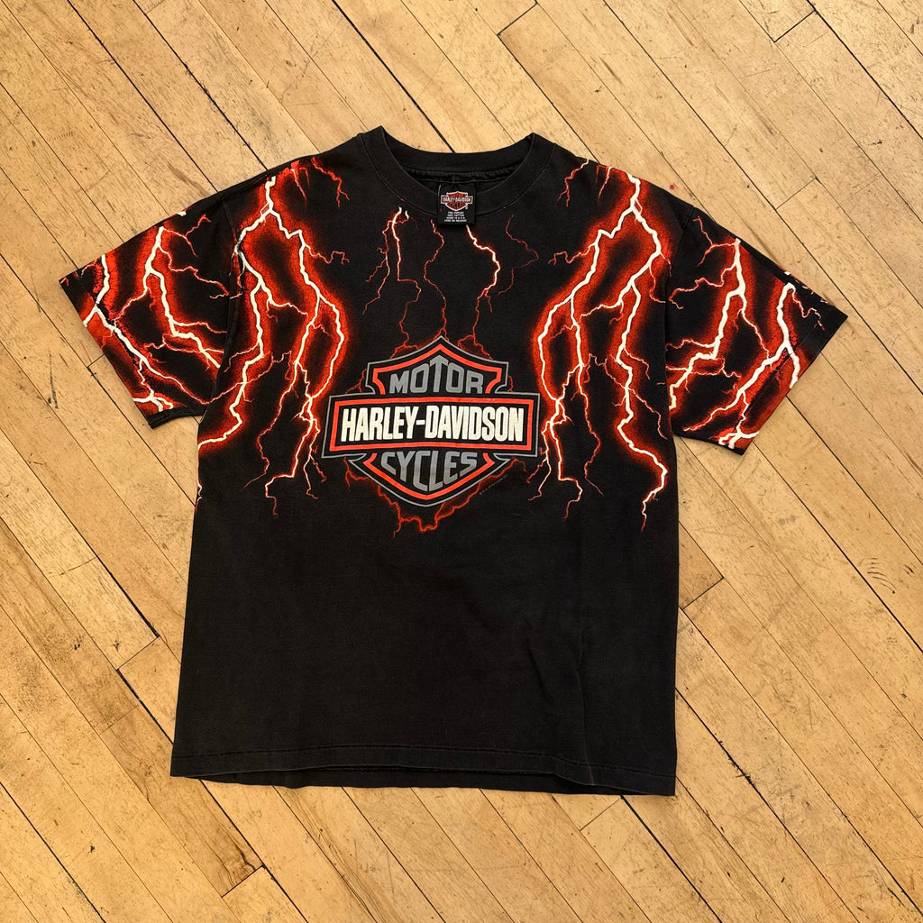 Vintage Harley Davidson lighting AOP Kansas T-shirt Sz L