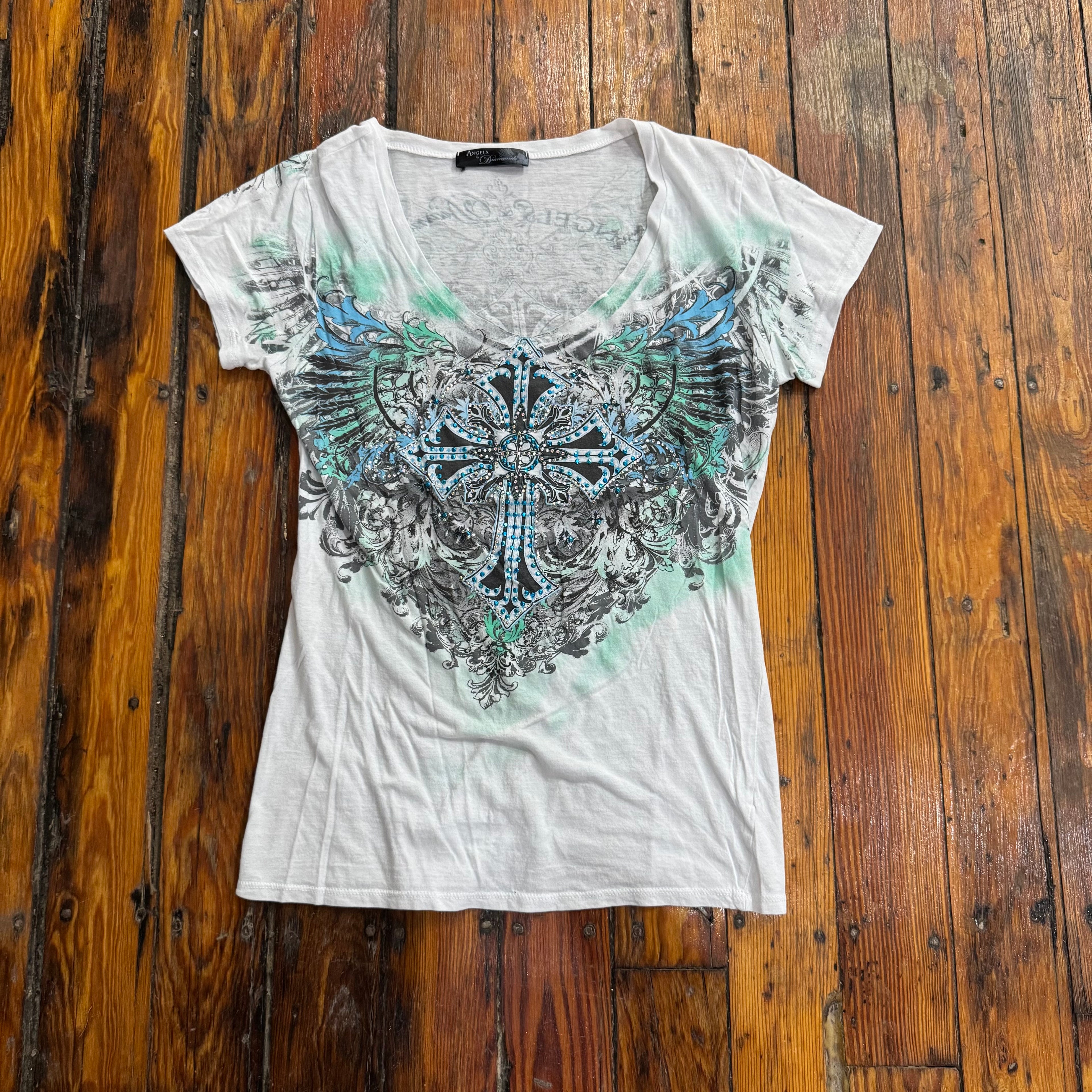 Y2K Bedazzled Cross T-shirt Sz M