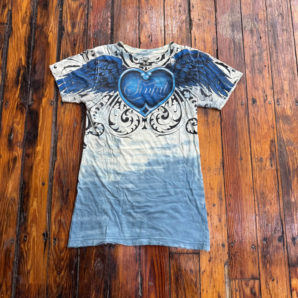 Y2K Sinful Heart & Cross T-shirt Sz M