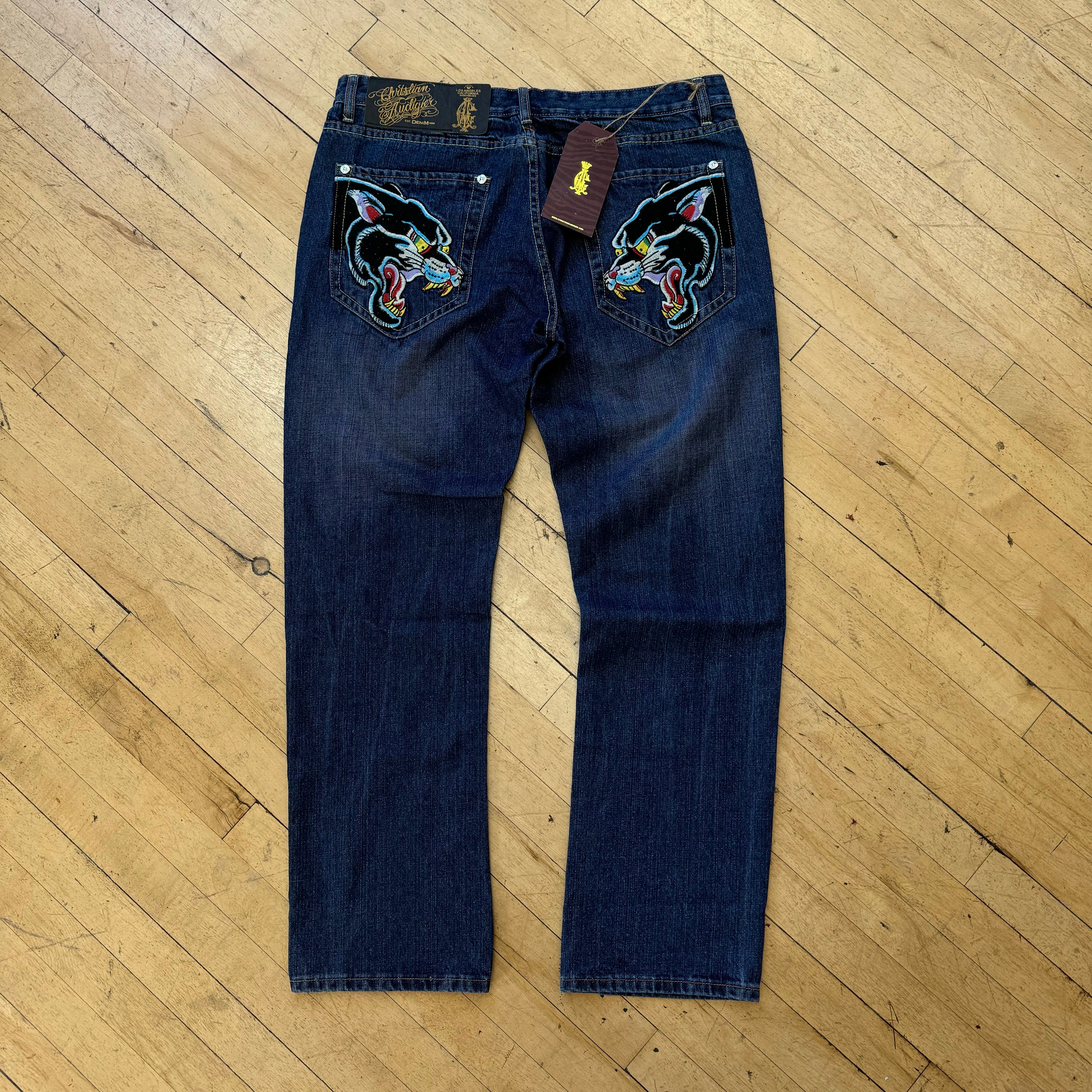 Y2K Christian Audigier Denim Jeans Embroidered panther Sz 38
