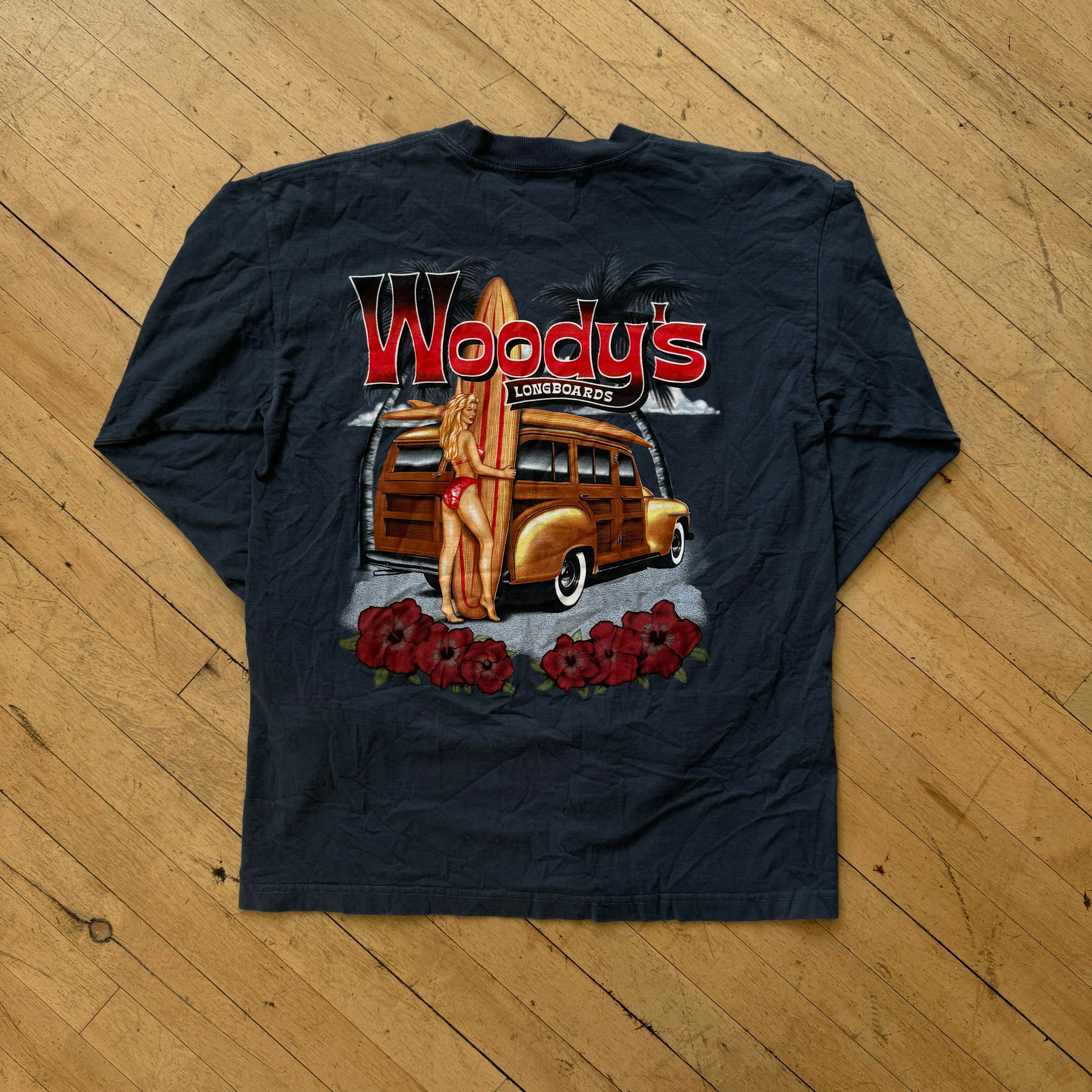 Vintage Woodys LongBoards Surf T-shirt Sz L