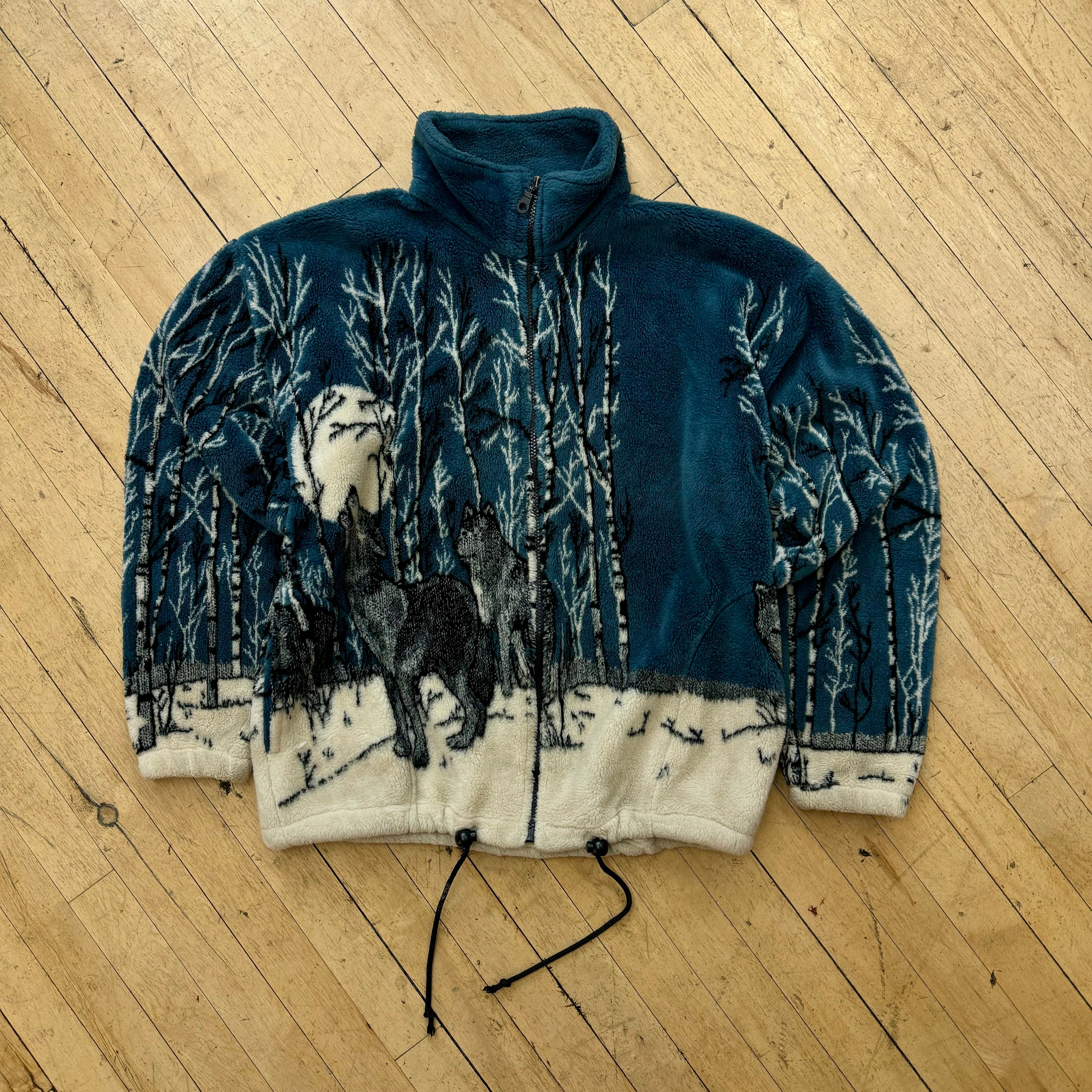 Vintage Outdoors Wolf Wraparound Fleece Jacket Sz L