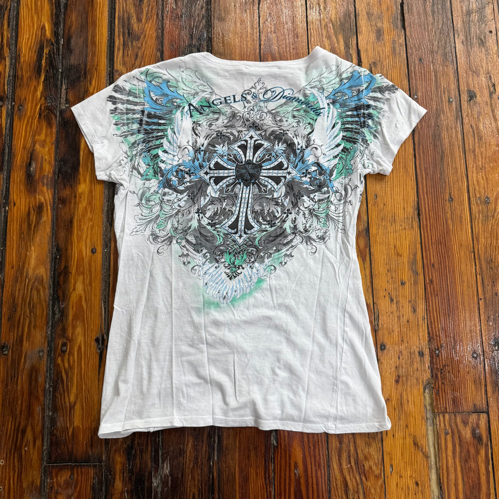 Y2K Bedazzled Cross T-shirt Sz M