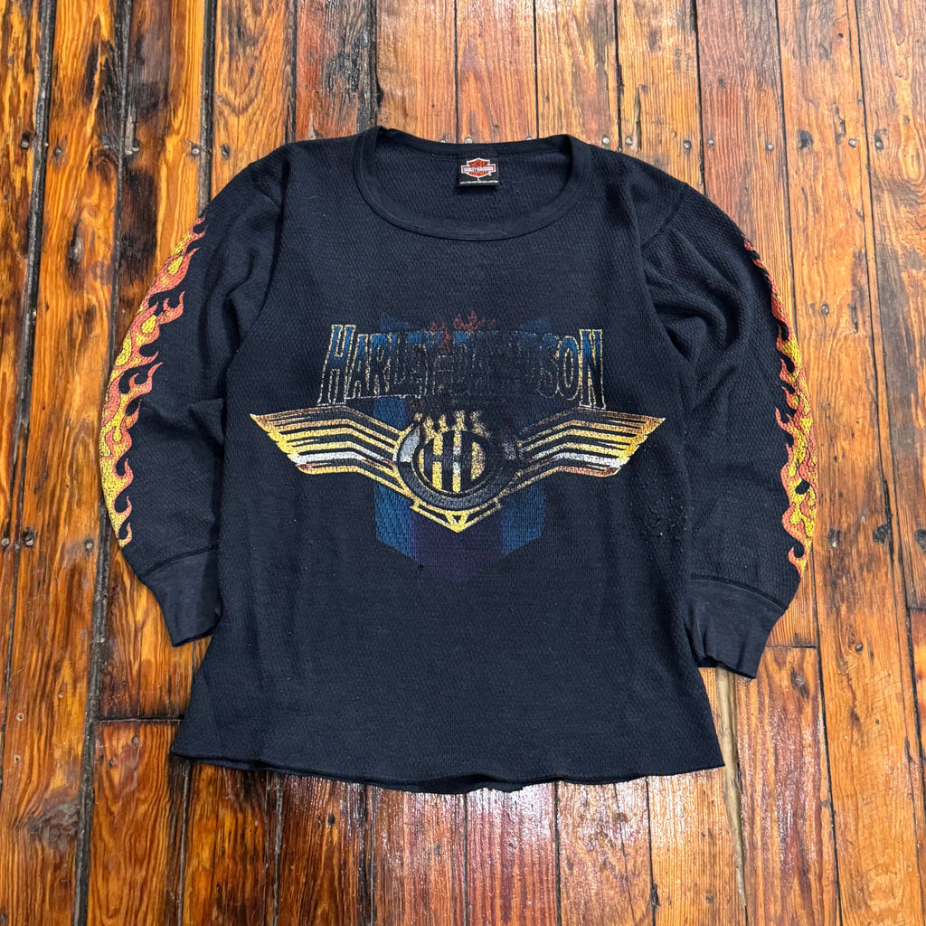 Vintage Harley Davidson Flame Hit thermal Long Sleeve T-shirt Sz L