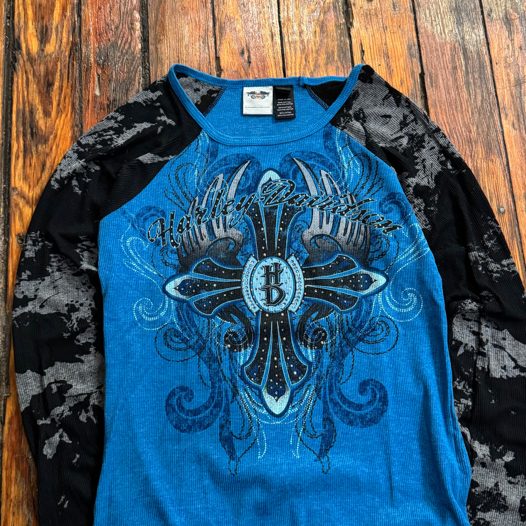 Y2K Harley Davidson Cross Thermal Long Sleeve T-shirt Sz L