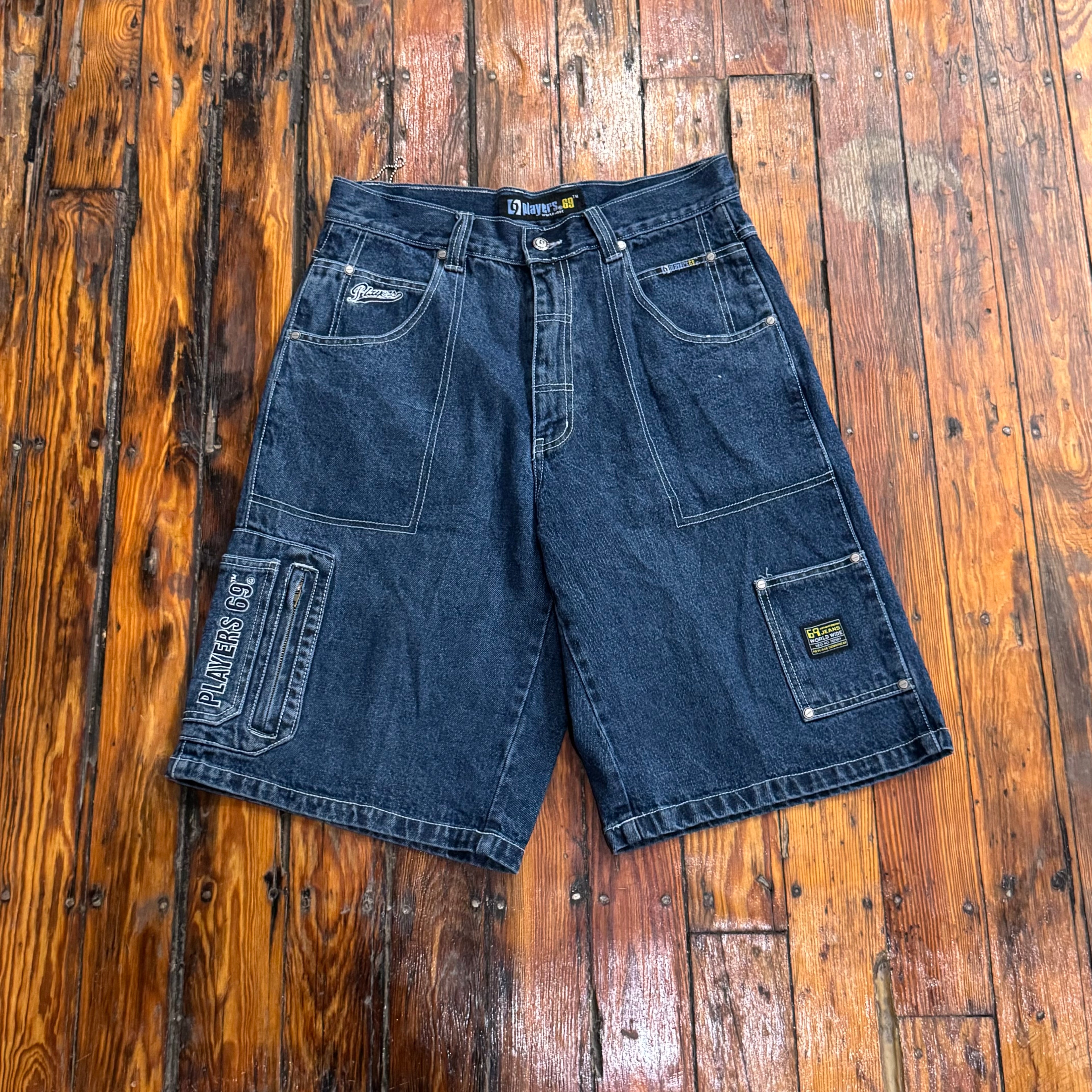 Y2K Players 69 Embroidered Denim Jean Shorts Sz 32