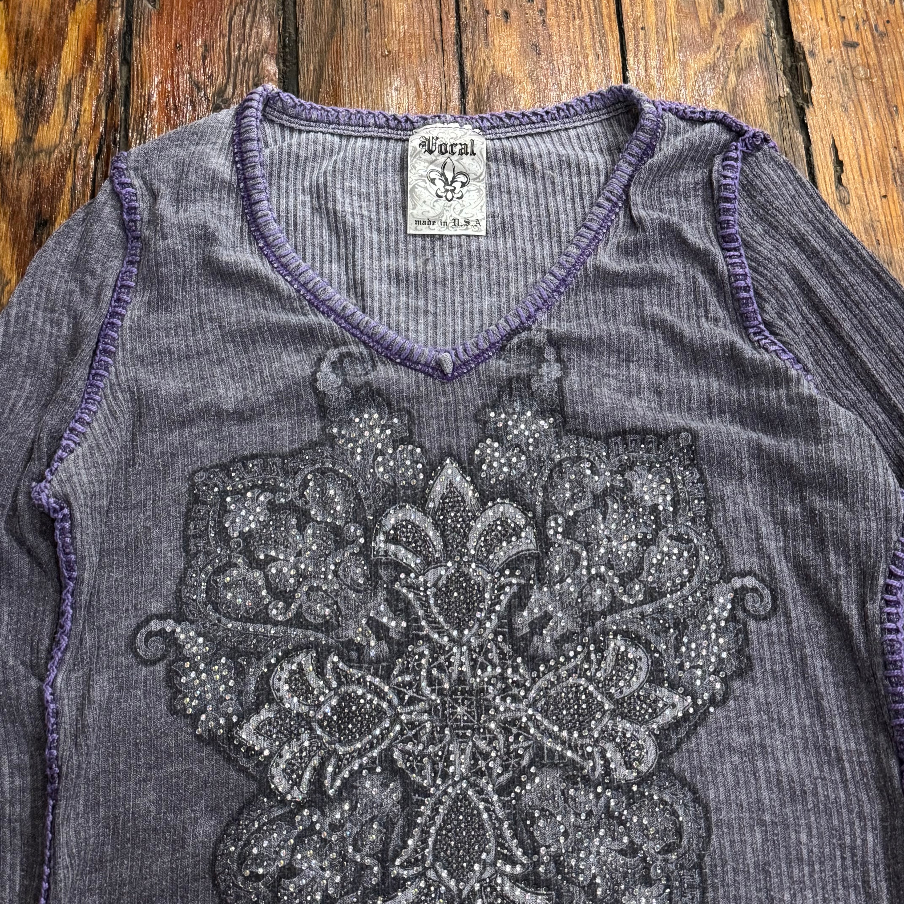 Y2K Voral Bedazzled Cross Long Sleeve Shirt Sz L