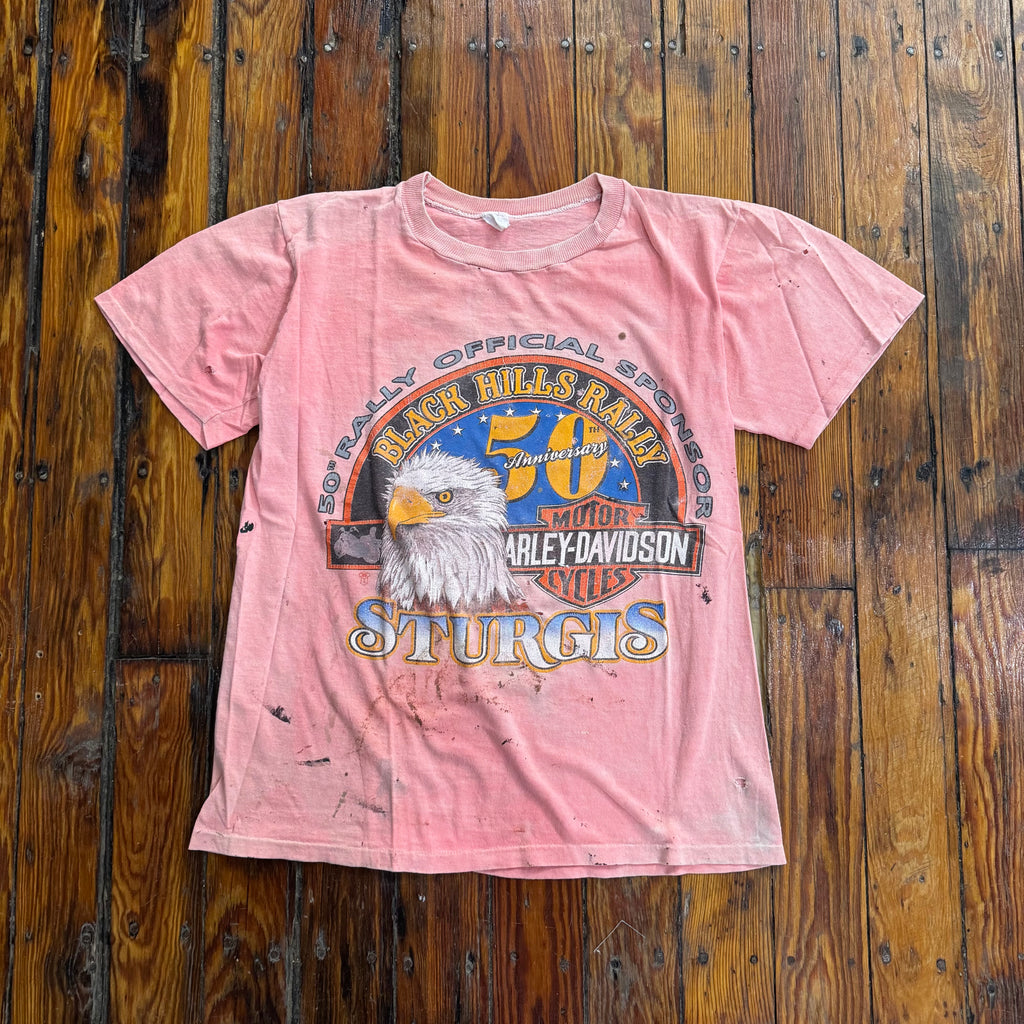 Vintage Thrashed Harley Davidson Sturgis 50th Anniversary T-shirt Sz L