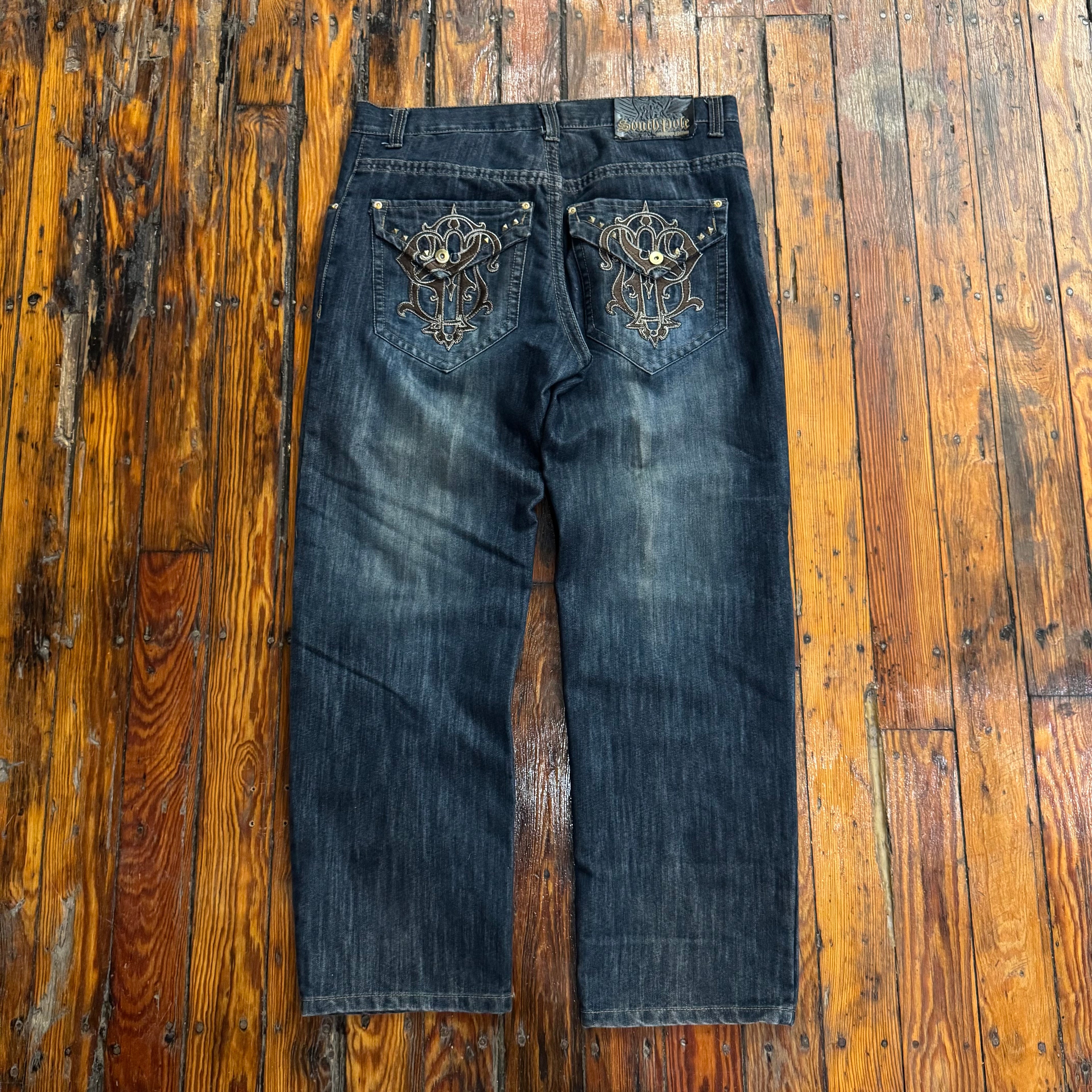 Y2K South Pole Embroidered Pocket Denim Jeans Sz 38