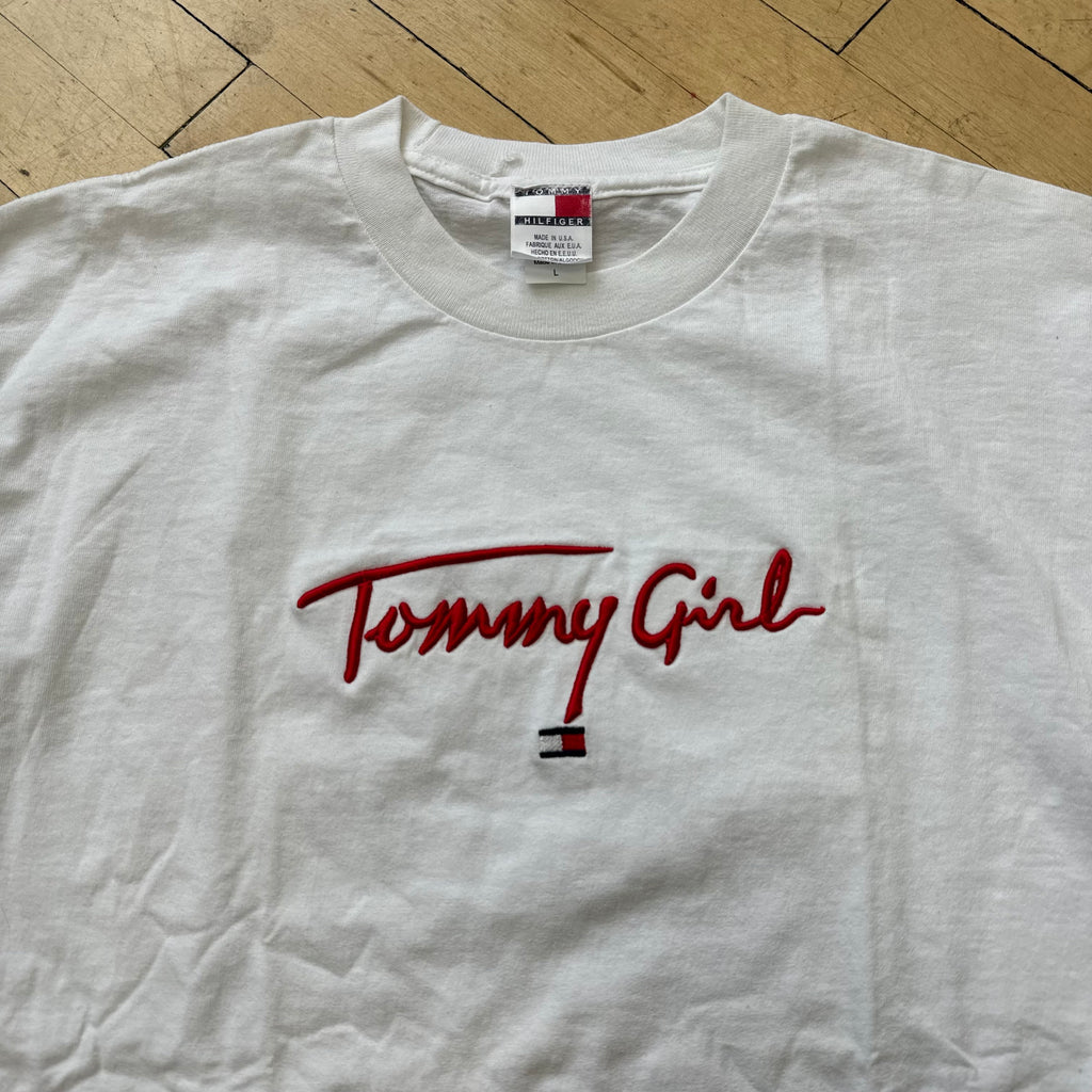 Vintage Embroidered Bootleg Tommy Girl SpellOut T-shirt Sz L