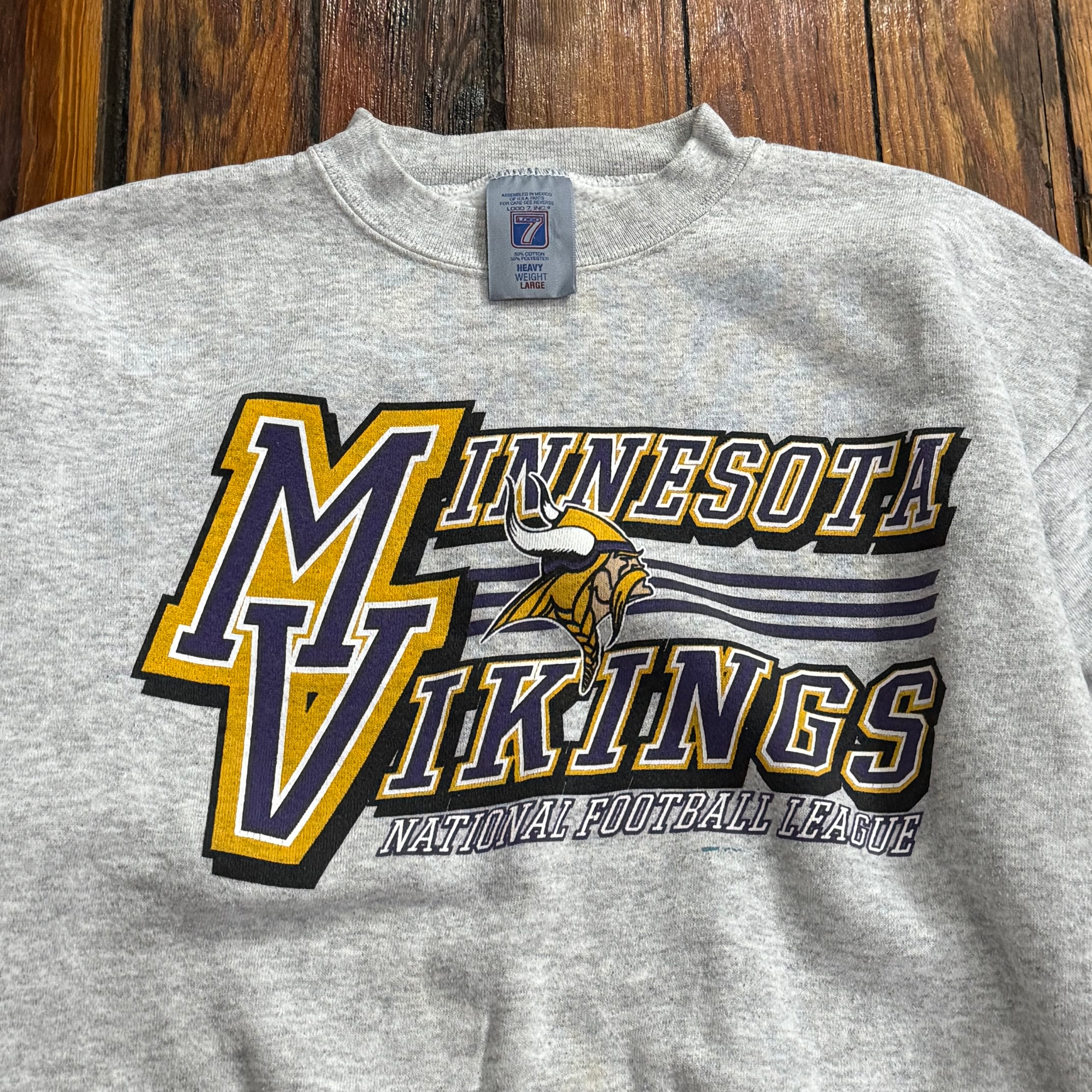 Vintage Minnesota Vikings Logo 7 SpellOut CrewNeck Sz L