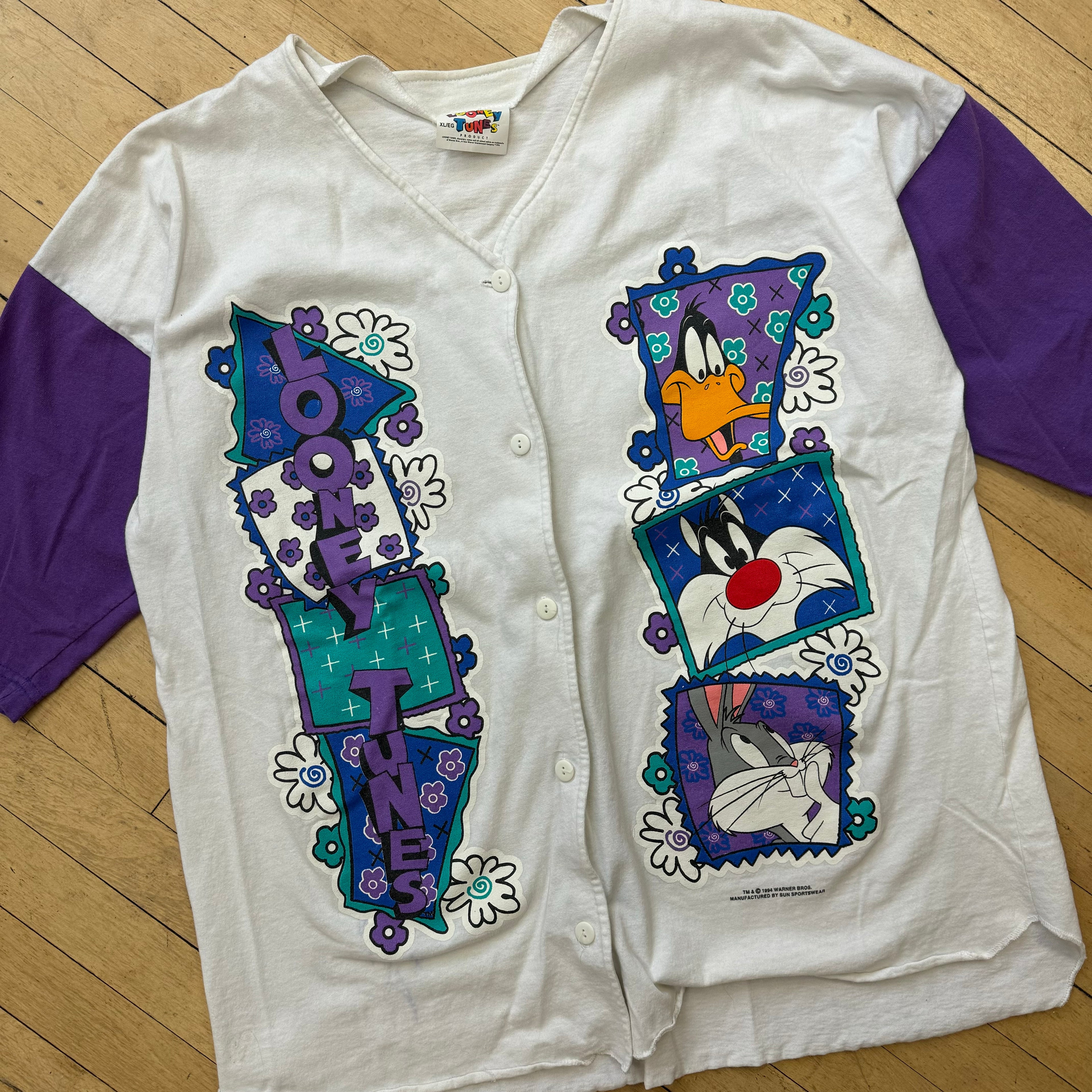 Vintage Looney Tunes Button Up Lounge T-shirt Sz XL