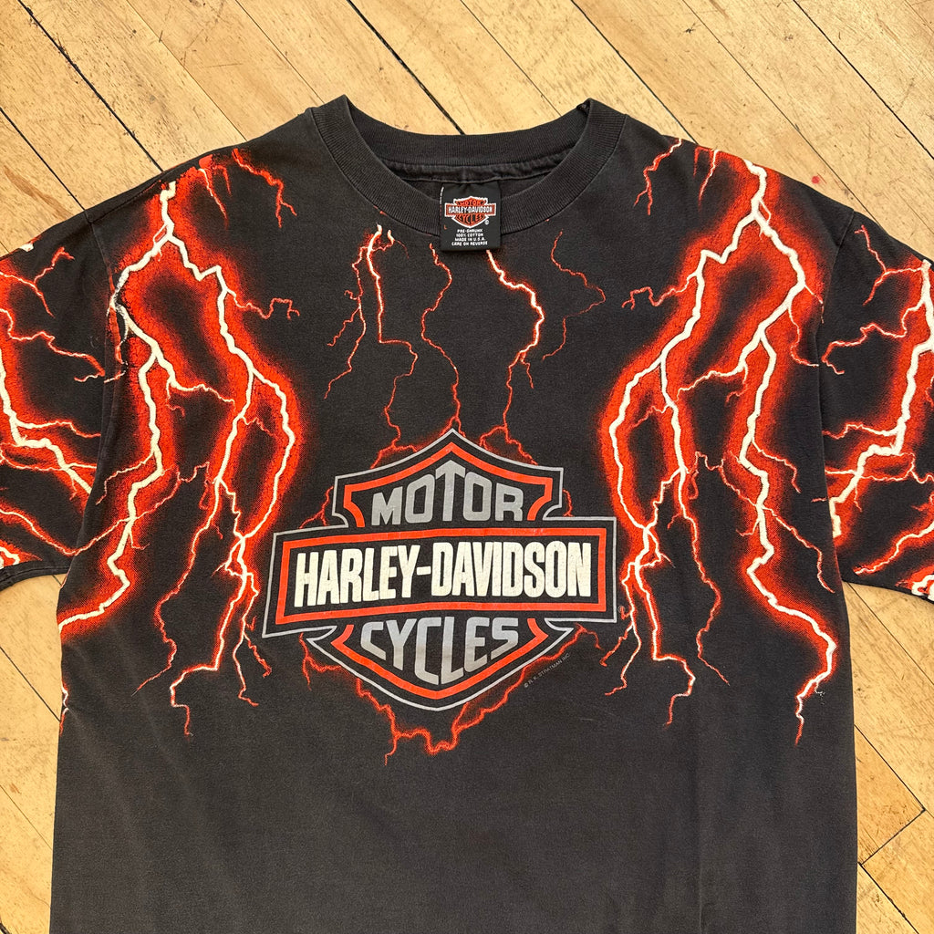 Vintage Harley Davidson lighting AOP Kansas T-shirt Sz L