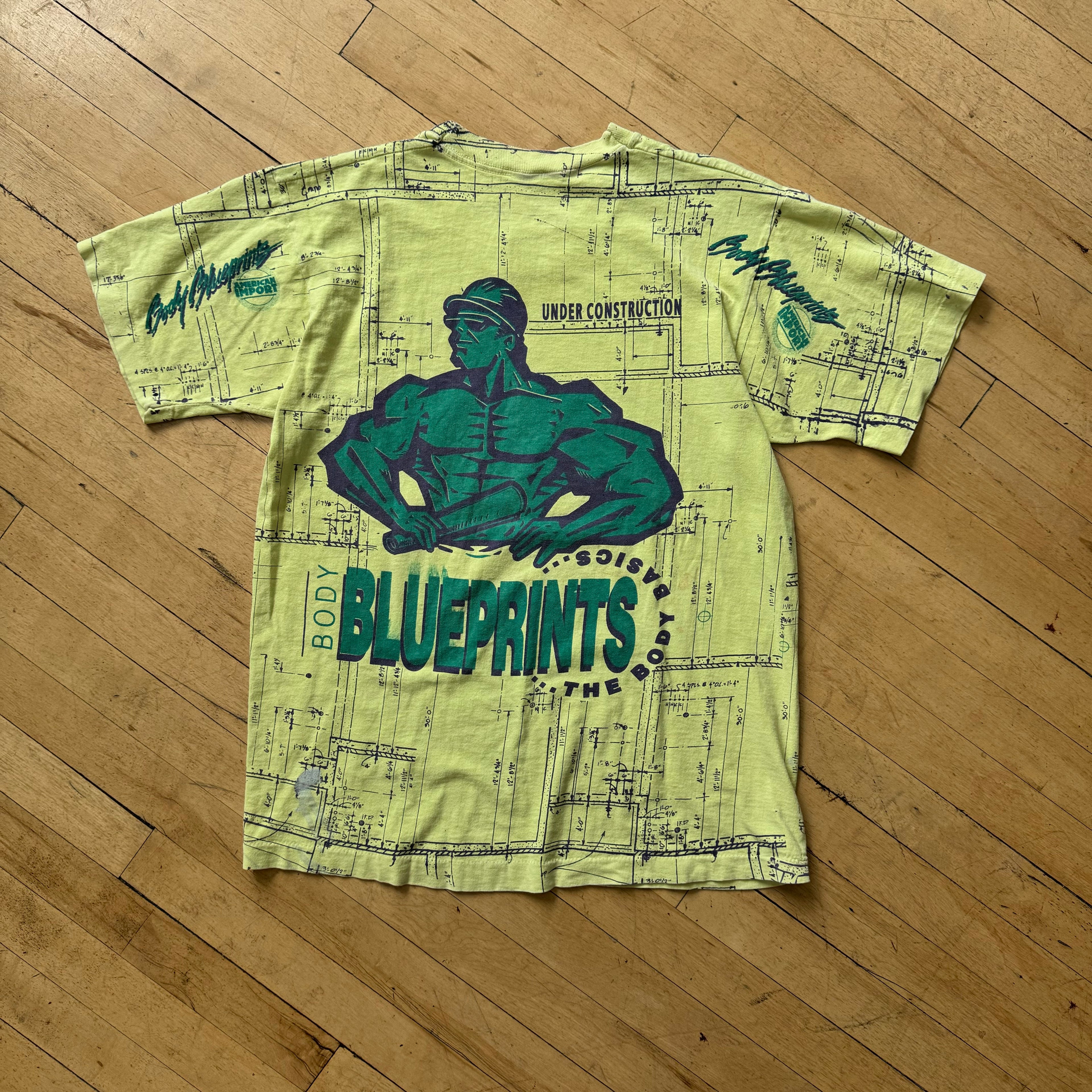 Vintage Body Building Blue Prints AOP T-shirt Sz L