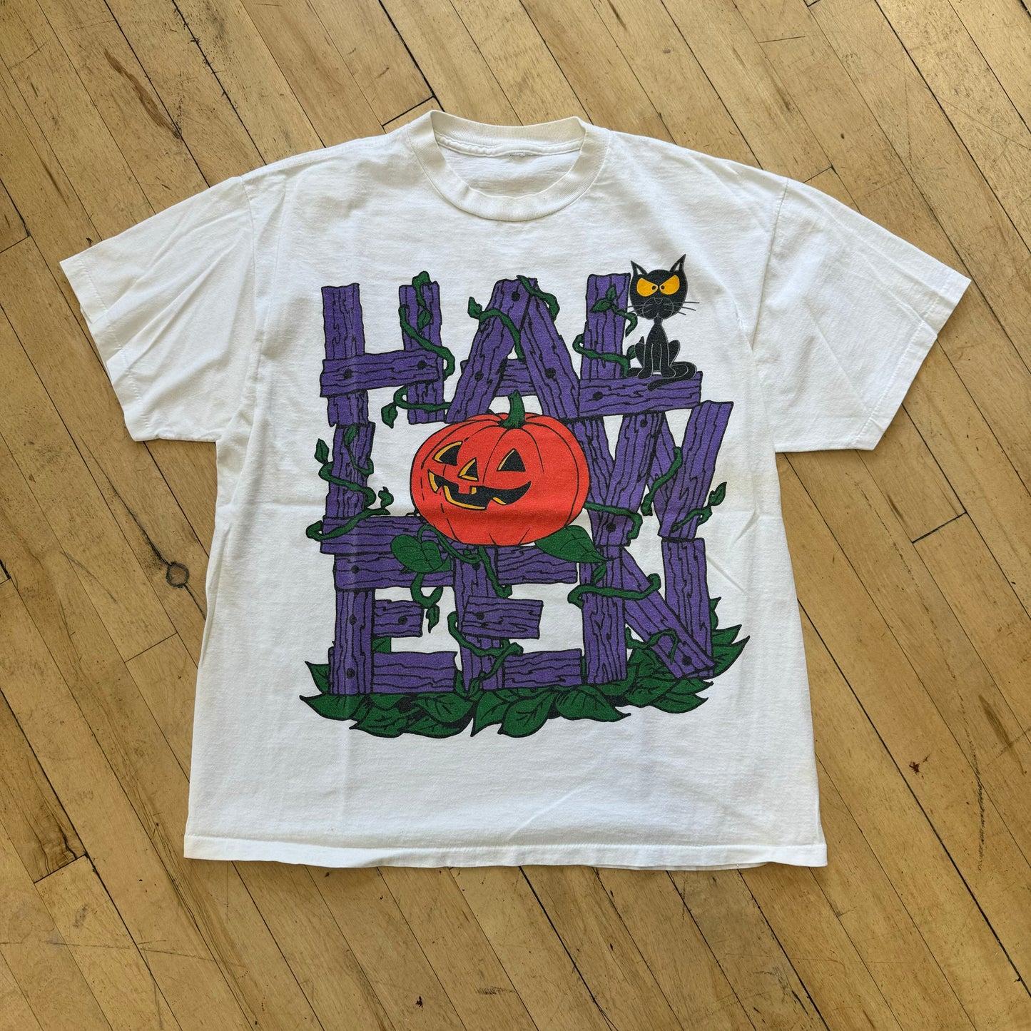 Vintage Halloween Pumpkin & Cat T-shirt Sz L