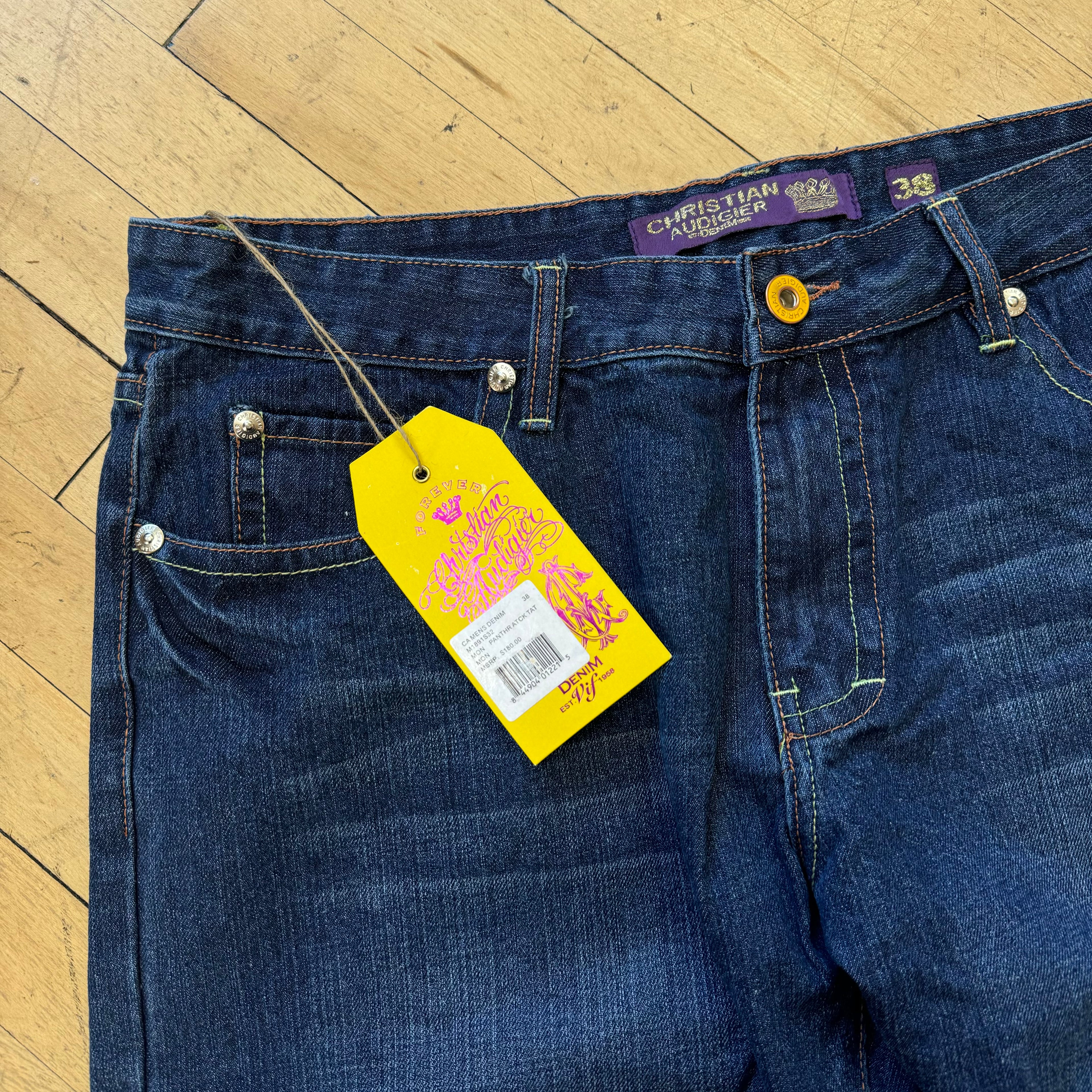 Y2K Christian Audigier Denim Jeans Embroidered panther Sz 38