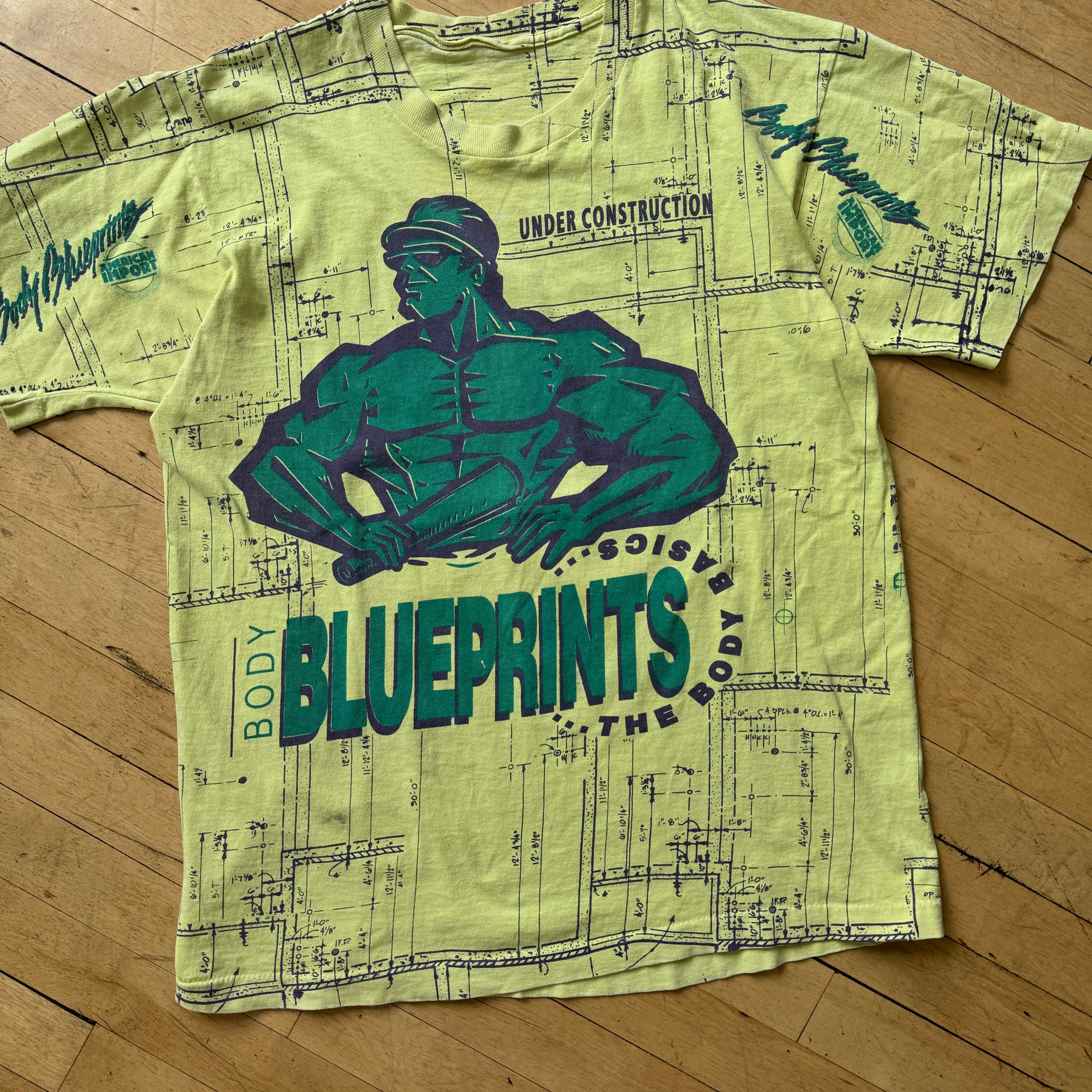 Vintage Body Building Blue Prints AOP T-shirt Sz L