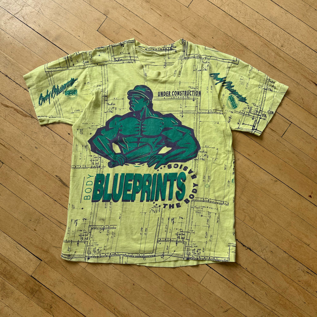 Vintage Body Building Blue Prints AOP T-shirt Sz L