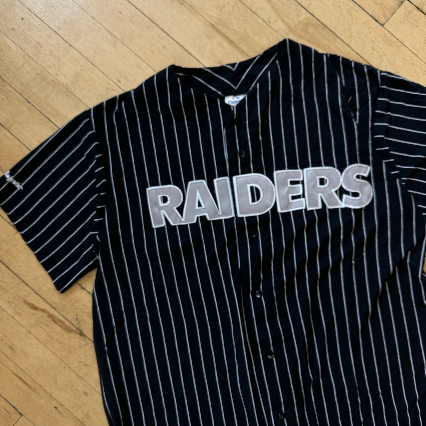 Vintage Majestic Raiders Pin Striped Baseball Jersey Sz XL