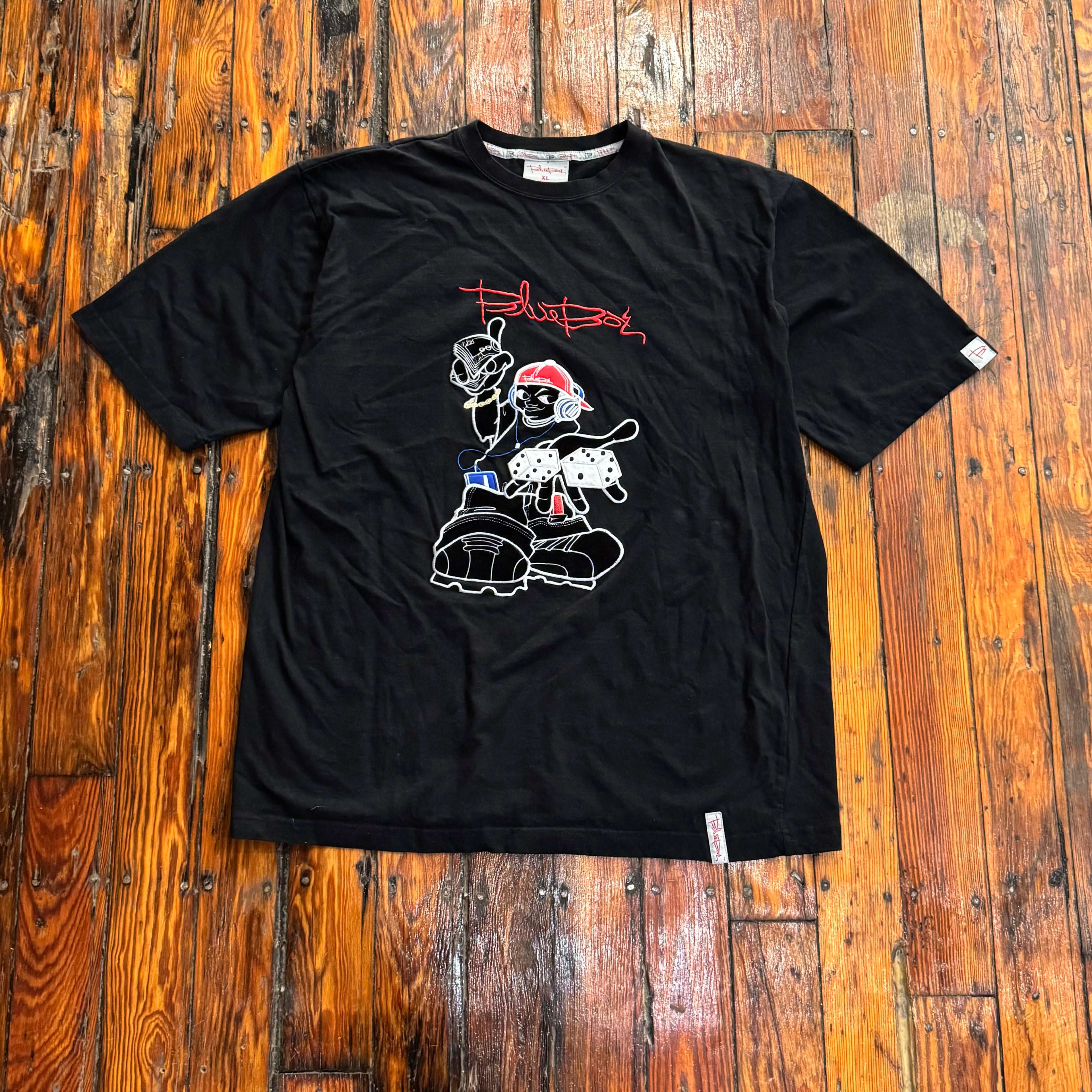 Y2K Blue Box Cartoon Embroidered T-shirt Sz XL